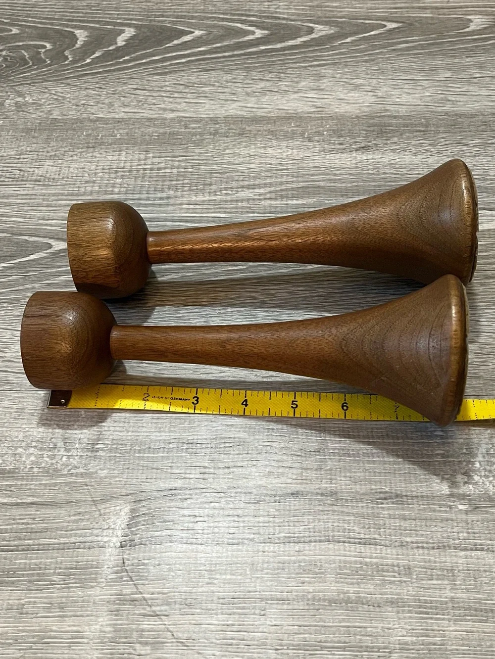 2 MCM Brown Wooden Candle Stick Holders Mid-Century Modern Contemporary